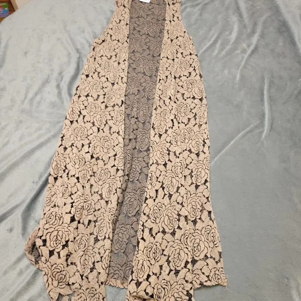 Lularoe Shaw Women Small Brown Rose Sheer Sleeveless Boho Long Line Art Open Top